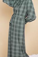 Tesettür giyim YEŞİL BELİ KUŞAKLI ÇİZGİLİ ELBİSE 0354 