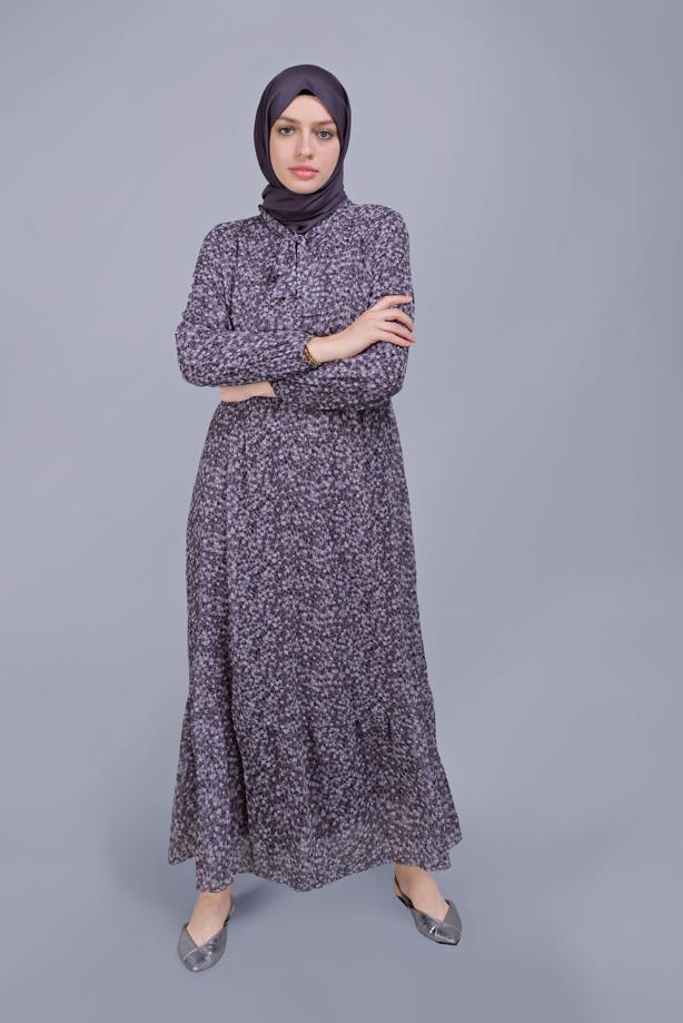 Tesettür giyim  KÜÇÜK ÇİÇEK DESENLİ FIRFIRLI ELBİSE  822  - TRENDTESETTÜR