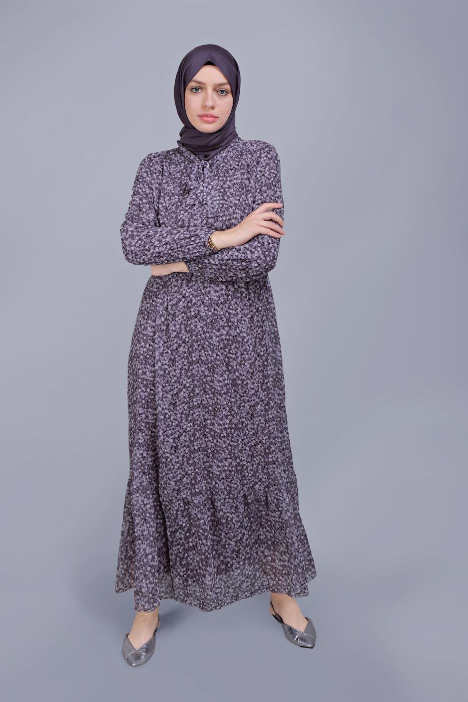 Tesettür giyim MOR KÜÇÜK ÇİÇEK DESENLİ FIRFIRLI ELBİSE  822 
