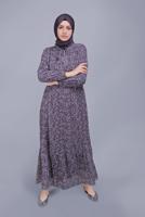 Tesettür giyim MOR KÜÇÜK ÇİÇEK DESENLİ FIRFIRLI ELBİSE  822 