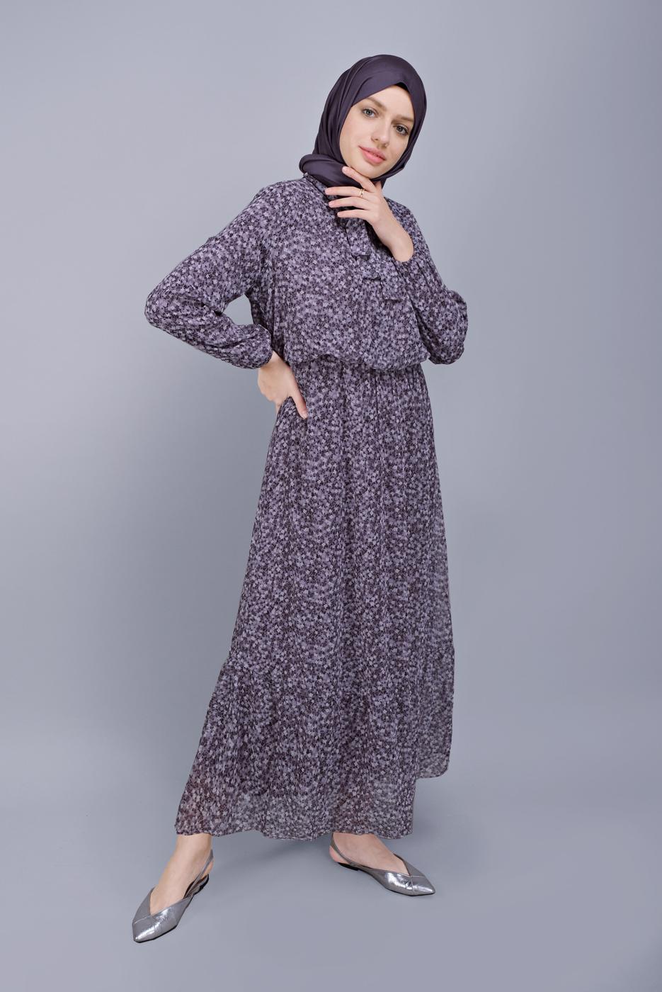 Tesettür giyim MOR KÜÇÜK ÇİÇEK DESENLİ FIRFIRLI ELBİSE  822 