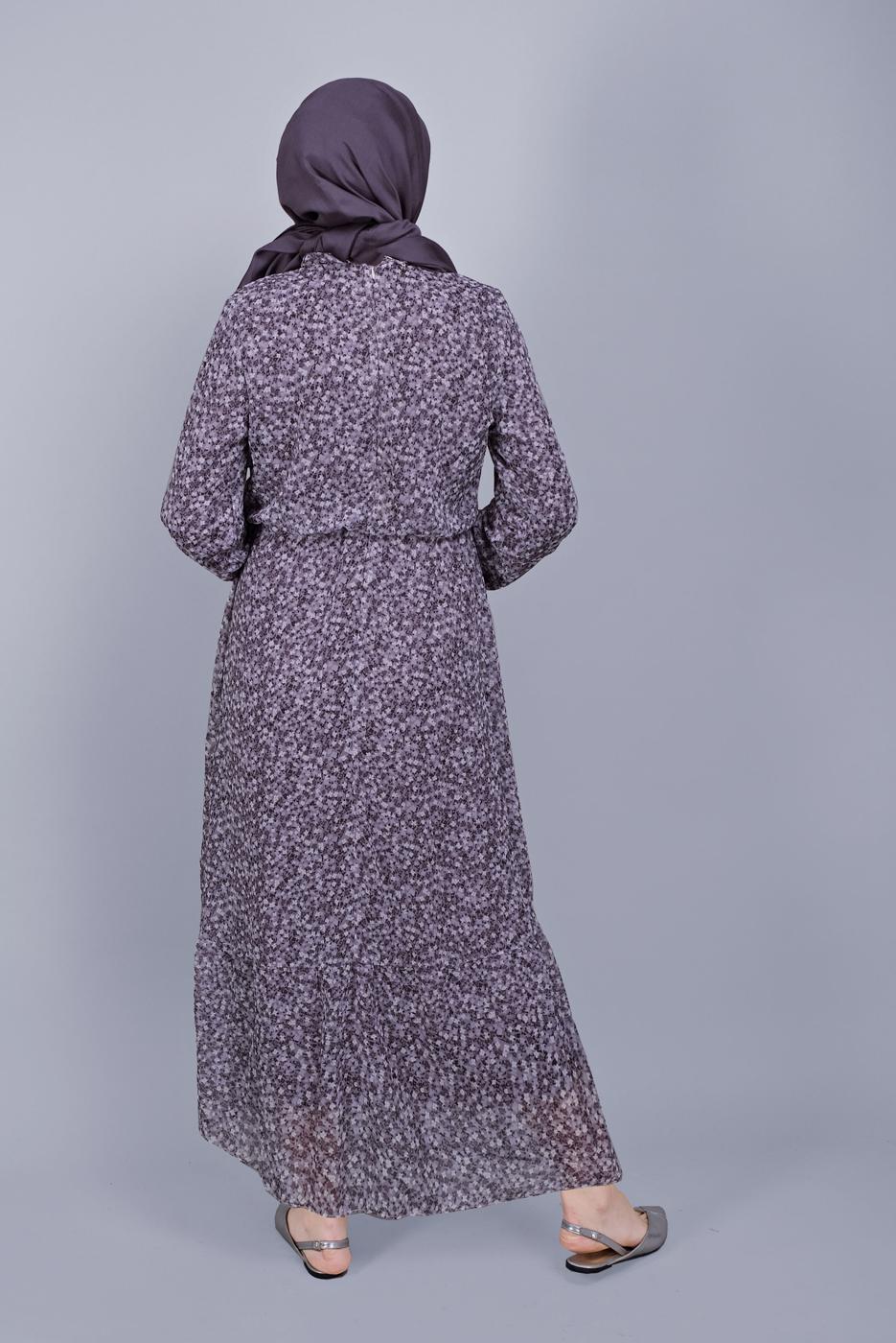 Tesettür giyim MOR KÜÇÜK ÇİÇEK DESENLİ FIRFIRLI ELBİSE  822 