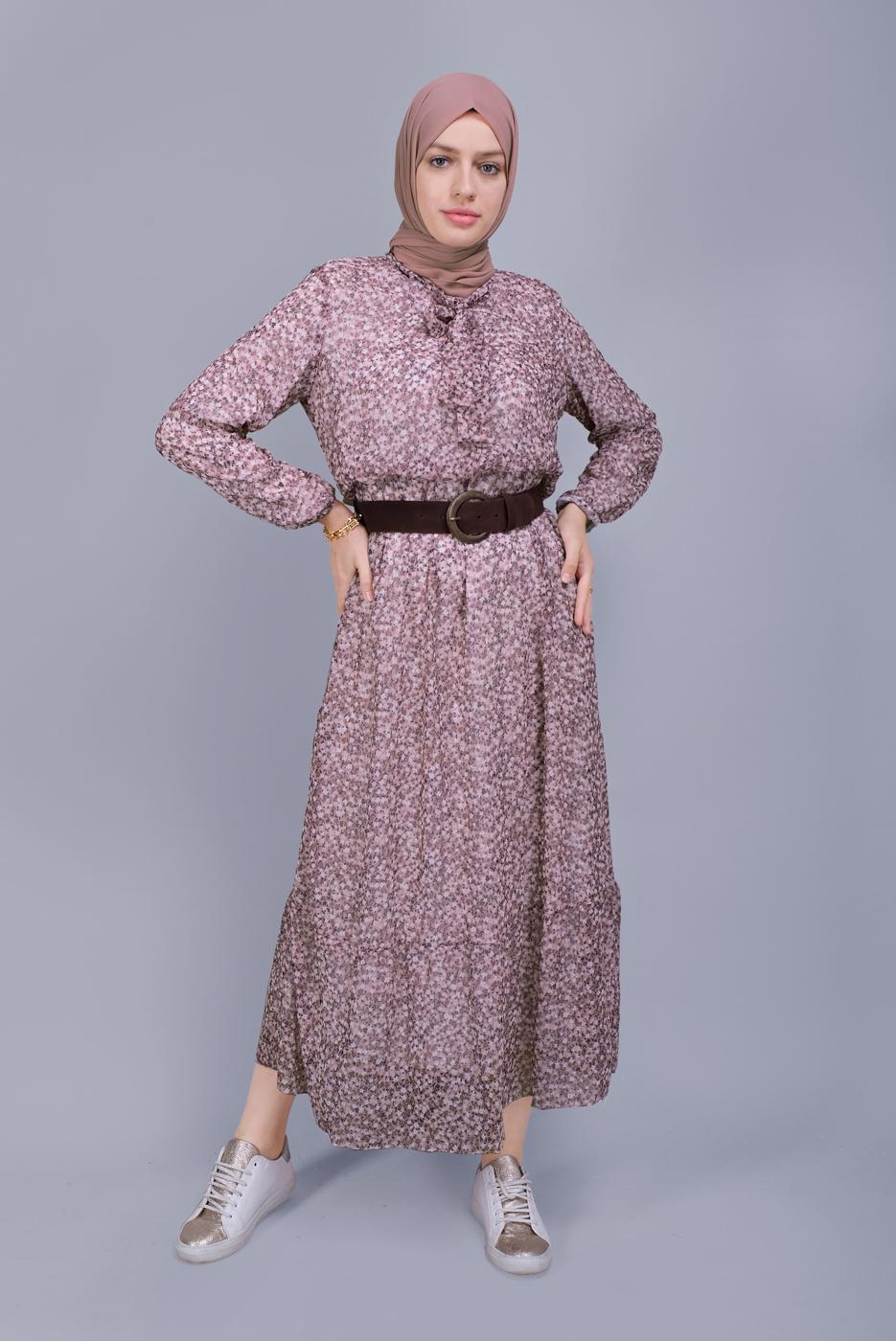 Tesettür giyim PUDRA KÜÇÜK ÇİÇEK DESENLİ FIRFIRLI ELBİSE  822 