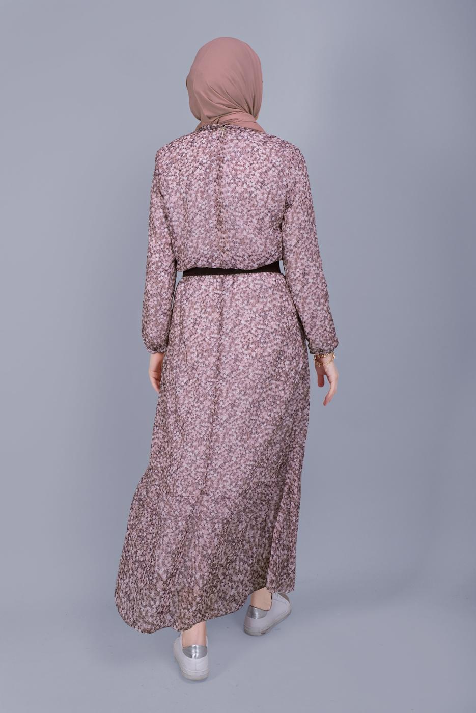 Tesettür giyim PUDRA KÜÇÜK ÇİÇEK DESENLİ FIRFIRLI ELBİSE  822 