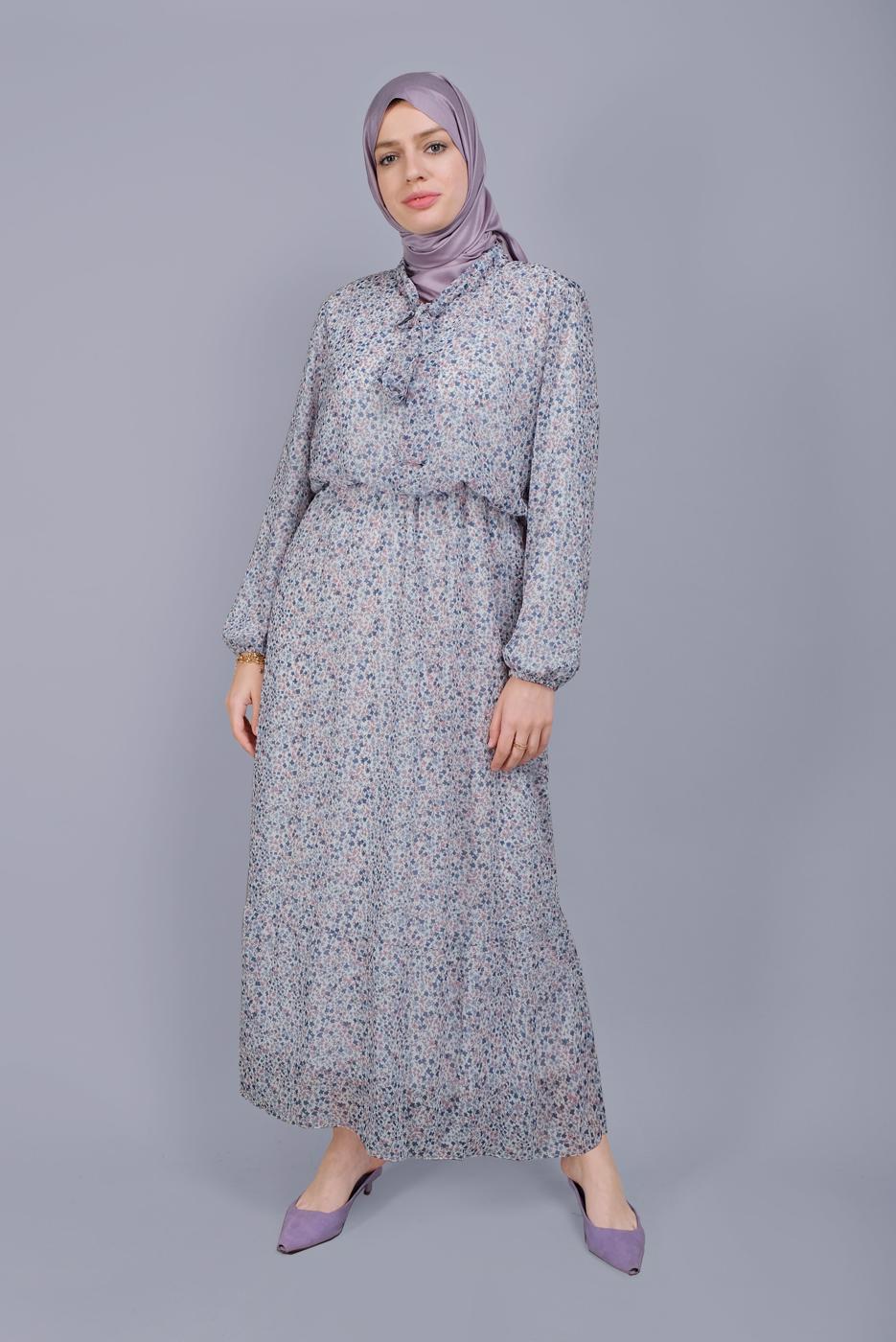 Tesettür giyim LACİVERT KÜÇÜK ÇİÇEK DESENLİ FIRFIRLI ELBİSE  822 