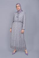 Tesettür giyim LACİVERT KÜÇÜK ÇİÇEK DESENLİ FIRFIRLI ELBİSE  822 