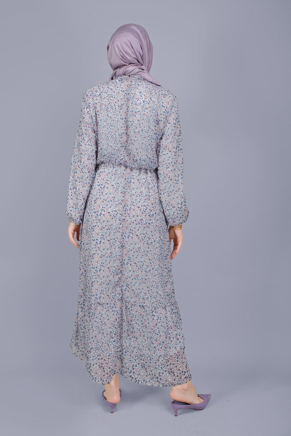 Tesettür giyim LACİVERT KÜÇÜK ÇİÇEK DESENLİ FIRFIRLI ELBİSE  822 