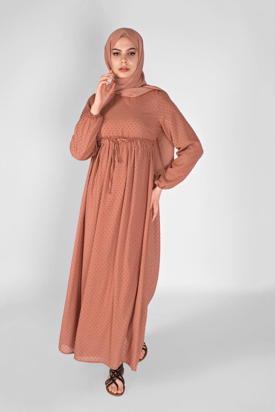 Tesettür giyim KAHVE BELİ BAĞCIKLI ELBİSE 1434 