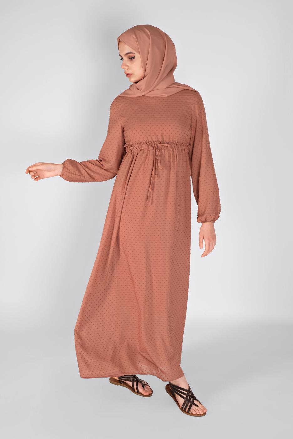 Tesettür giyim KAHVE BELİ BAĞCIKLI ELBİSE 1434 