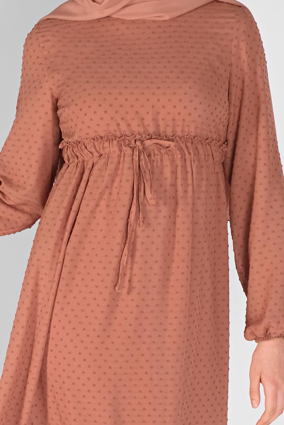 Tesettür giyim KAHVE BELİ BAĞCIKLI ELBİSE 1434 