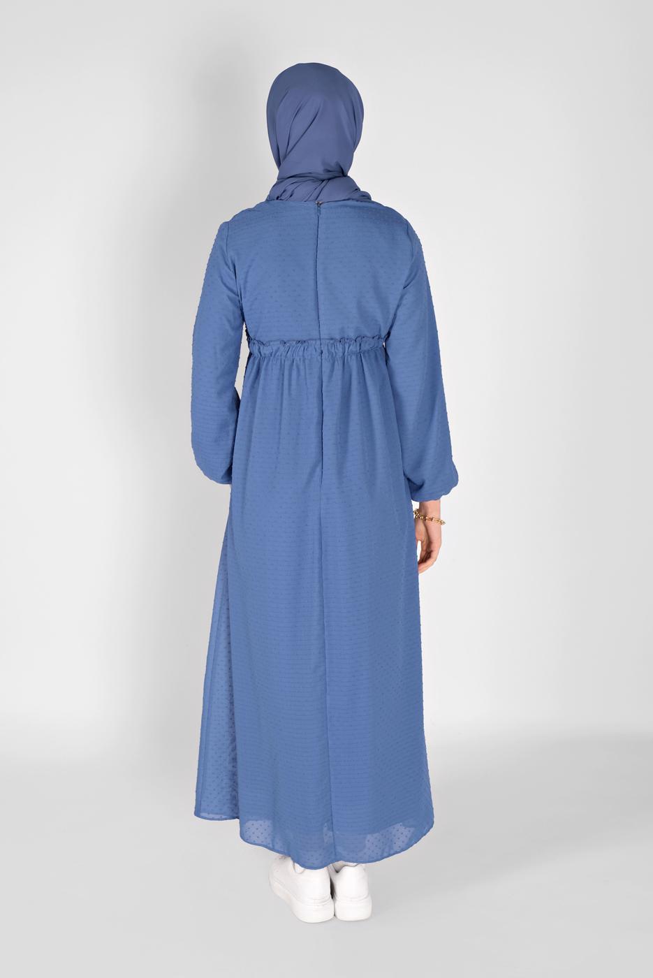 Tesettür giyim LACİVERT BELİ BAĞCIKLI ELBİSE 1434 