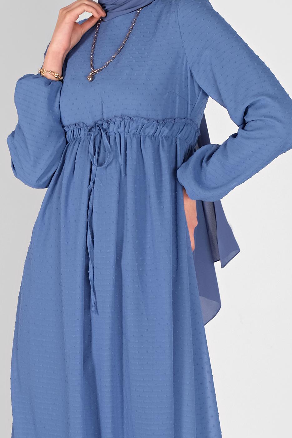 Tesettür giyim LACİVERT BELİ BAĞCIKLI ELBİSE 1434 