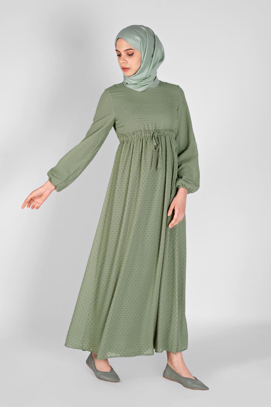 Tesettür giyim YEŞİL BELİ BAĞCIKLI ELBİSE 1434 