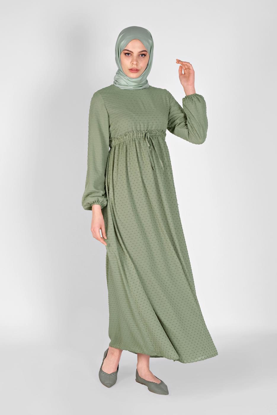 Tesettür giyim YEŞİL BELİ BAĞCIKLI ELBİSE 1434 