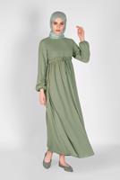 Tesettür giyim YEŞİL BELİ BAĞCIKLI ELBİSE 1434 