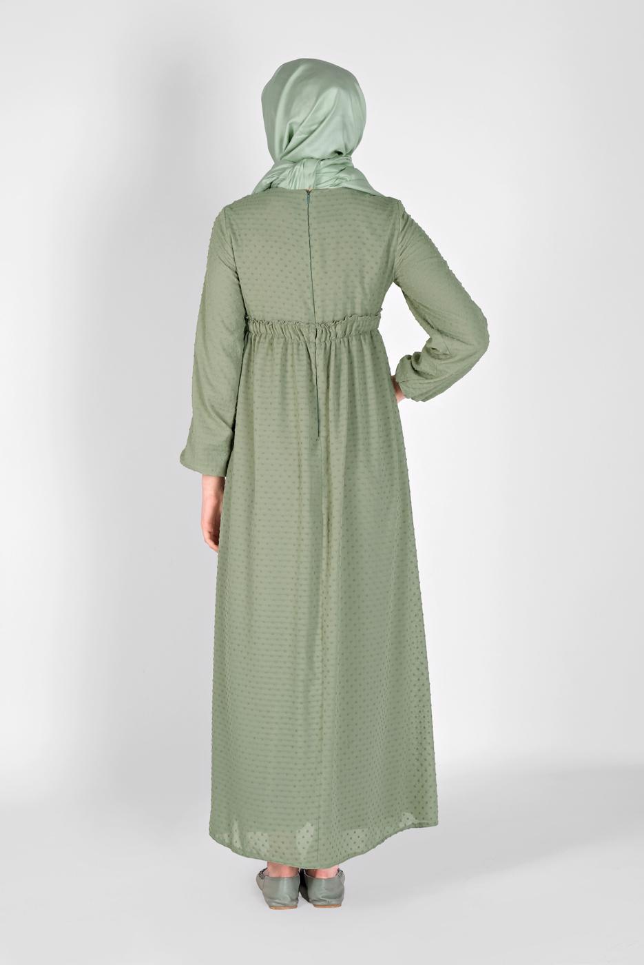Tesettür giyim YEŞİL BELİ BAĞCIKLI ELBİSE 1434 