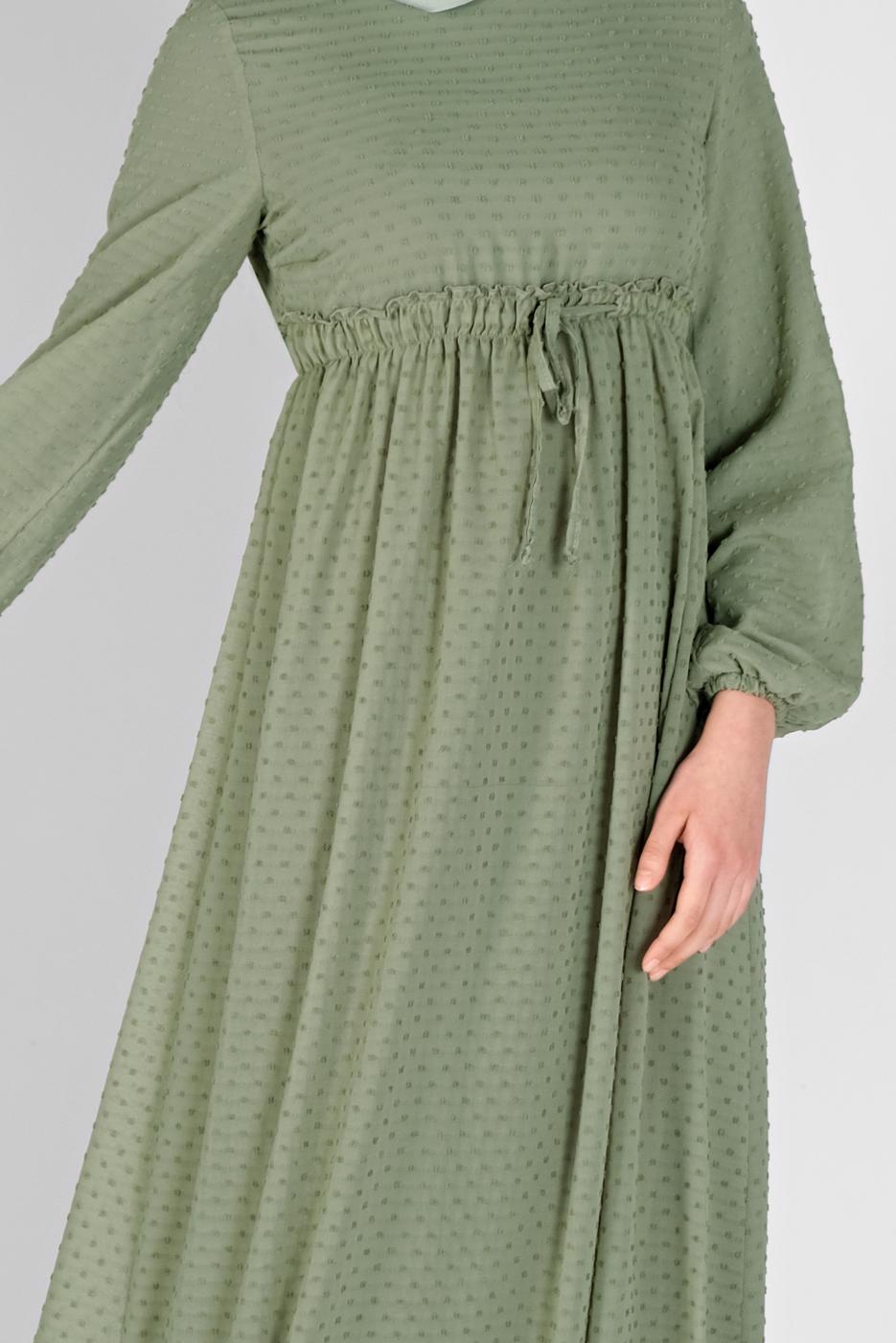 Tesettür giyim YEŞİL BELİ BAĞCIKLI ELBİSE 1434 