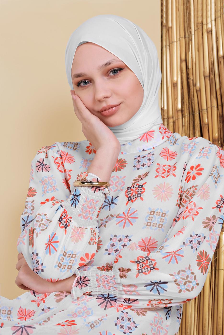 Tesettür giyim EKRU DESENLİ MANŞETLERİ LASTİKLİ ELBİSE 2001