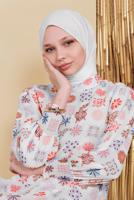 Tesettür giyim EKRU DESENLİ MANŞETLERİ LASTİKLİ ELBİSE 2001