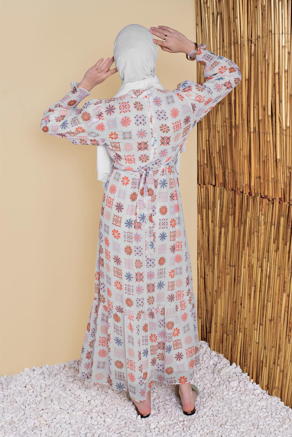 Tesettür giyim EKRU DESENLİ MANŞETLERİ LASTİKLİ ELBİSE 2001