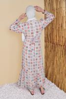 Tesettür giyim EKRU DESENLİ MANŞETLERİ LASTİKLİ ELBİSE 2001