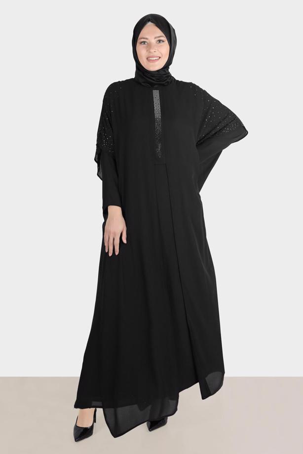 Vêtements hijab NOIR ROBE BRODÉE ALVINA GEM AVEC DÉTAIL EN TULLE T 20163 - TRENDTESETTÜR