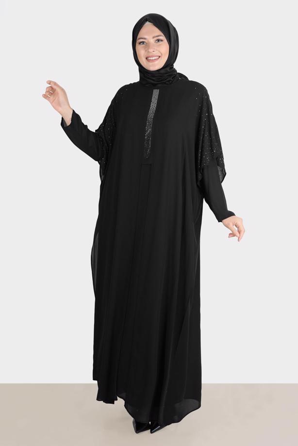 Vêtements hijab NOIR ROBE BRODÉE ALVINA GEM AVEC DÉTAIL EN TULLE T 20163 - TRENDTESETTÜR