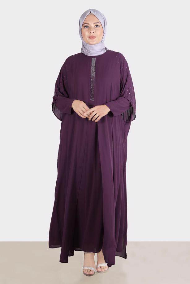 Vêtements hijab PRUNE ROBE BRODÉE ALVINA GEM AVEC DÉTAIL EN TULLE T 20163 - TRENDTESETTÜR