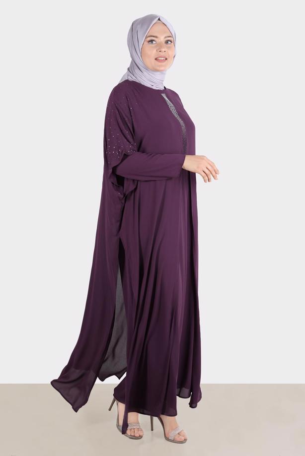 Vêtements hijab PRUNE ROBE BRODÉE ALVINA GEM AVEC DÉTAIL EN TULLE T 20163 - TRENDTESETTÜR