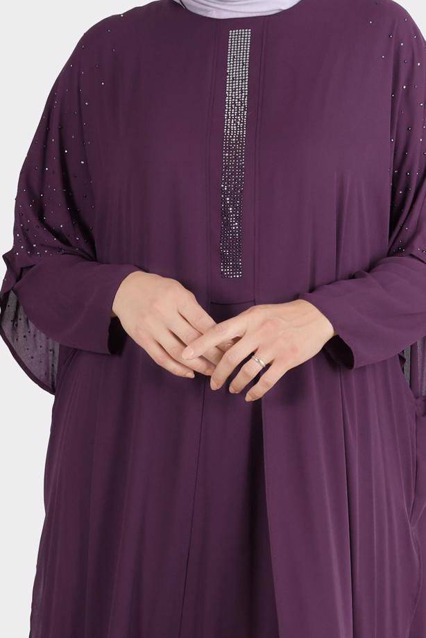 Vêtements hijab PRUNE ROBE BRODÉE ALVINA GEM AVEC DÉTAIL EN TULLE T 20163 - TRENDTESETTÜR