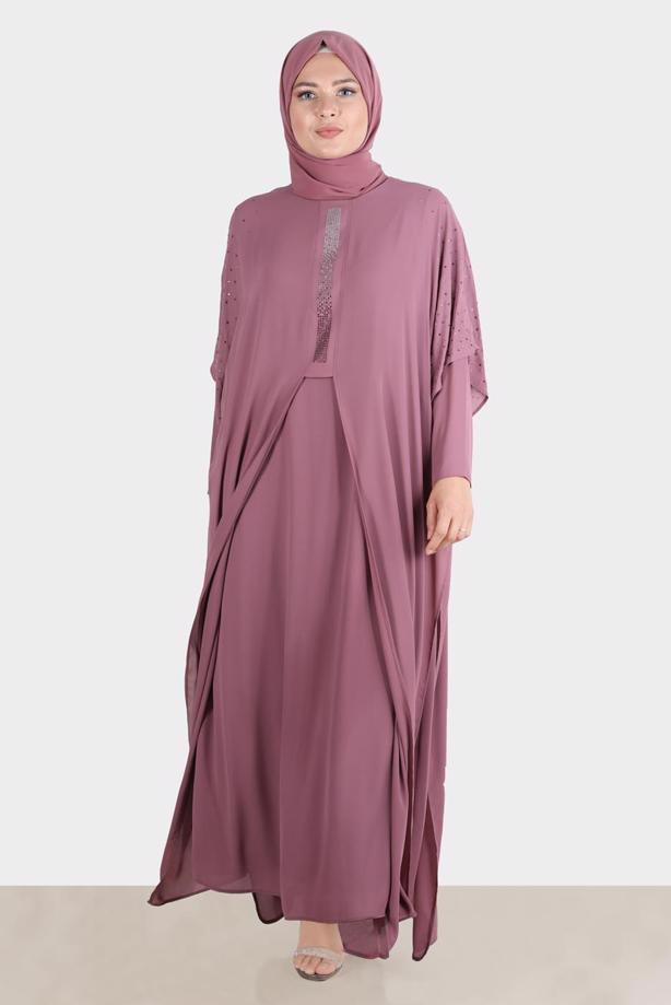 Vêtements hijab ROSE ROBE BRODÉE ALVINA GEM AVEC DÉTAIL EN TULLE T 20163 - TRENDTESETTÜR