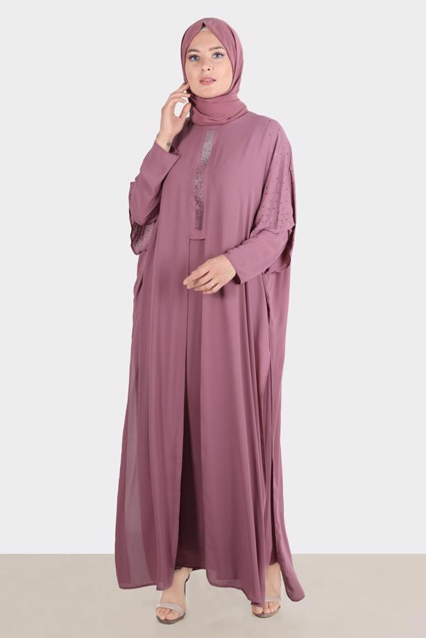 Vêtements hijab ROSE ROBE BRODÉE ALVINA GEM AVEC DÉTAIL EN TULLE T 20163 - TRENDTESETTÜR