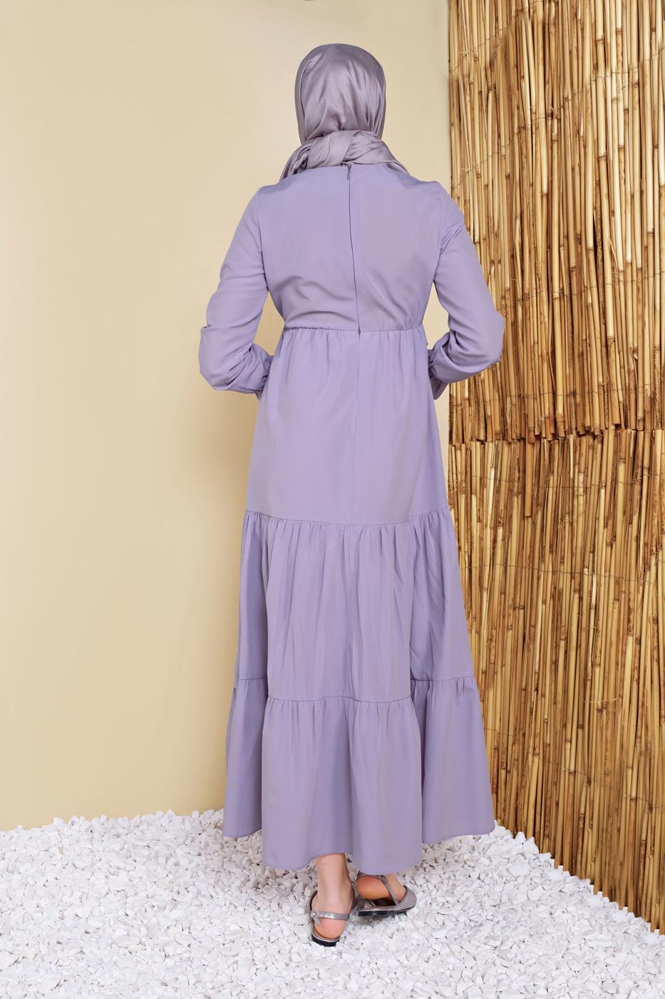 Tesettür giyim MOR MANŞETLERİ LASTİKLİ VOLANLI ELBİSE 2534