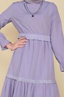 Tesettür giyim MOR MANŞETLERİ LASTİKLİ VOLANLI ELBİSE 2534