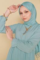 Tesettür giyim YEŞİL MANŞETLERİ LASTİKLİ VOLANLI ELBİSE 2534