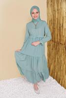 Tesettür giyim YEŞİL MANŞETLERİ LASTİKLİ VOLANLI ELBİSE 2534