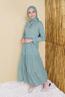 Tesettür giyim YEŞİL MANŞETLERİ LASTİKLİ VOLANLI ELBİSE 2534