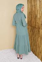 Tesettür giyim YEŞİL MANŞETLERİ LASTİKLİ VOLANLI ELBİSE 2534