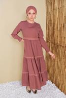 Tesettür giyim PEMBE MANŞETLERİ LASTİKLİ VOLANLI ELBİSE 2534
