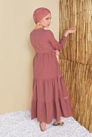 Tesettür giyim PEMBE MANŞETLERİ LASTİKLİ VOLANLI ELBİSE 2534