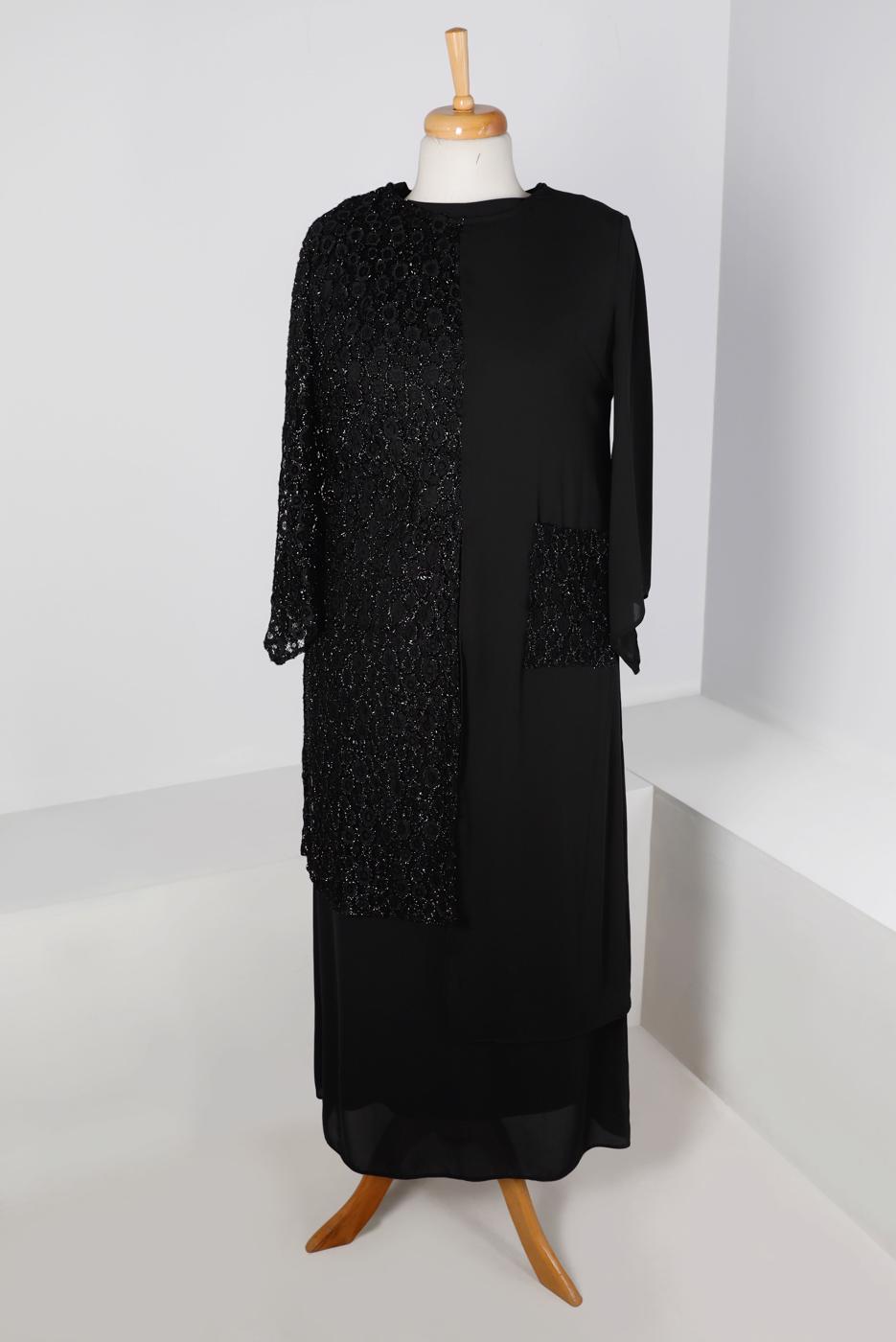 Vêtements hijab NOIR ENSEMBLE JUPE 2 PIÈCES ARGENT LAÇÉ T 2883