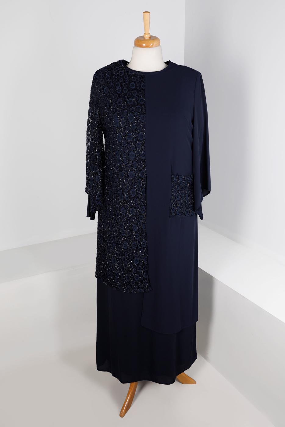 Vêtements hijab BLEU MARINE ENSEMBLE JUPE 2 PIÈCES ARGENT LAÇÉ T 2883