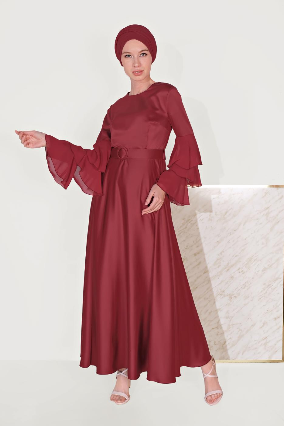 Tesettür giyim BORDO KEMERLİ ELBİSE T 40460