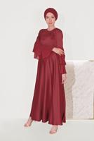 Tesettür giyim BORDO KEMERLİ ELBİSE T 40460