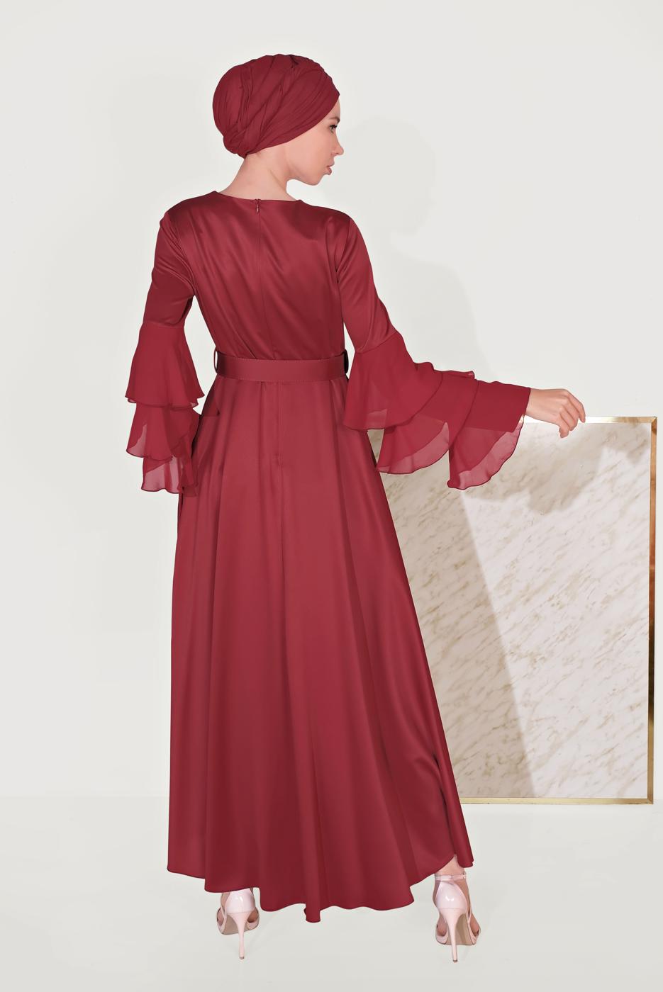 Tesettür giyim BORDO KEMERLİ ELBİSE T 40460