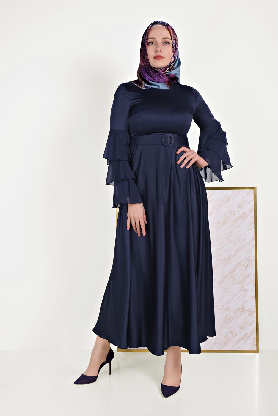 Tesettür giyim LACİVERT KEMERLİ ELBİSE T 40460