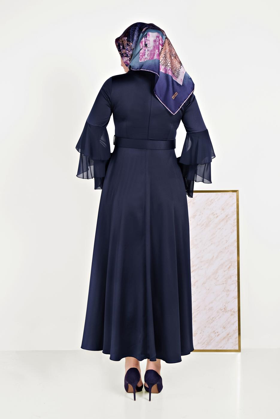 Tesettür giyim LACİVERT KEMERLİ ELBİSE T 40460