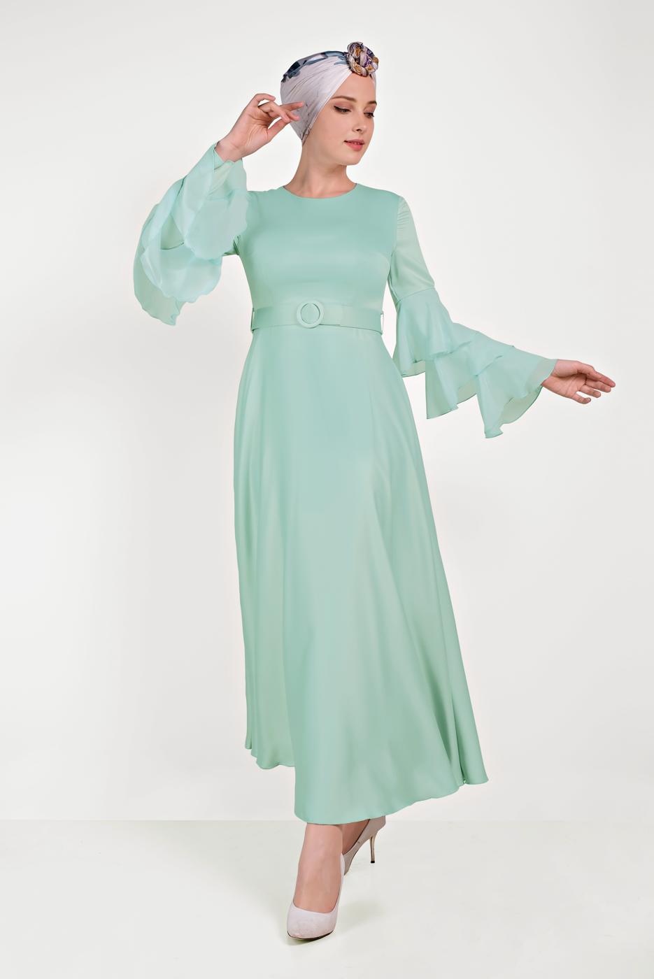 Tesettür giyim YEŞİL KEMERLİ ELBİSE T 40460
