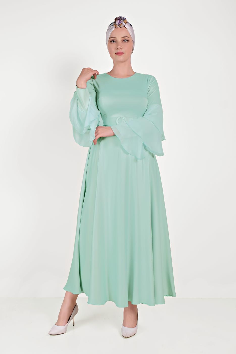 Tesettür giyim YEŞİL KEMERLİ ELBİSE T 40460