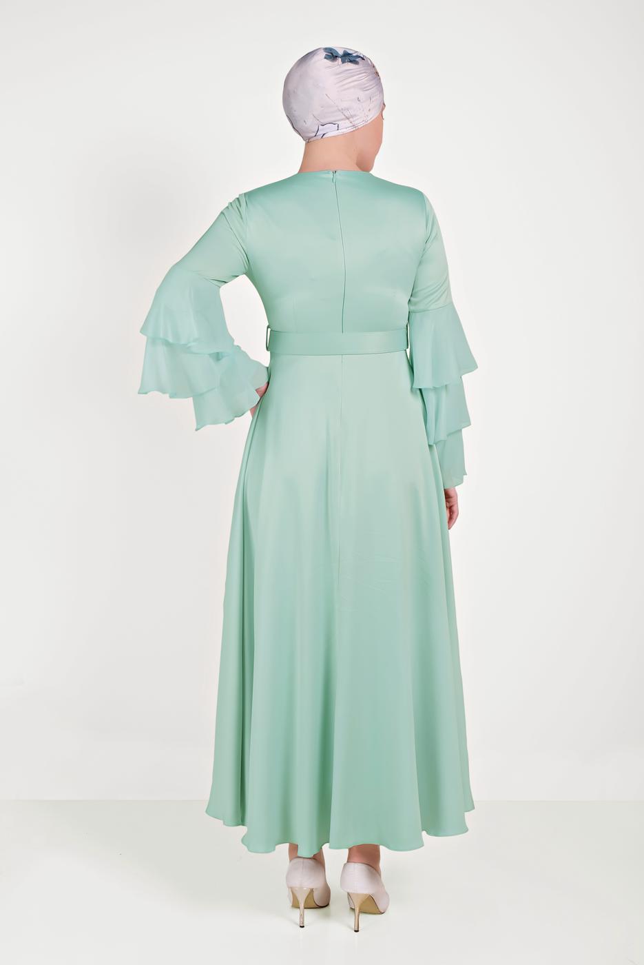 Tesettür giyim YEŞİL KEMERLİ ELBİSE T 40460